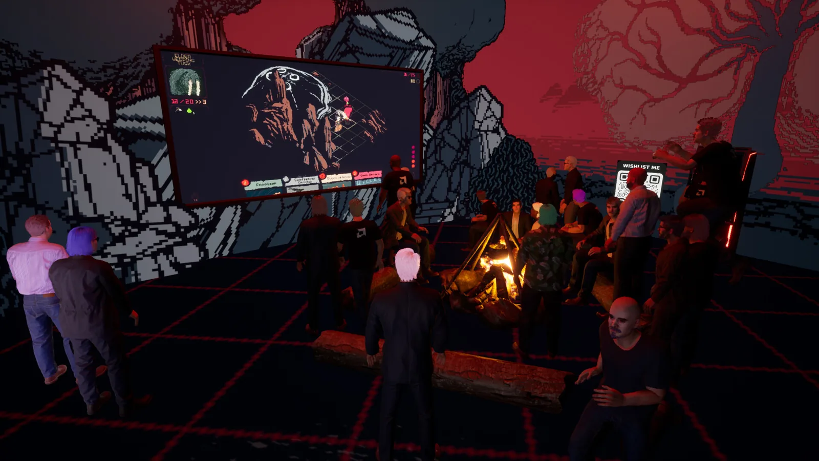 Capture d'écran du hall virtuel ENDIX avec stands de jeux explorables en multijoueur
