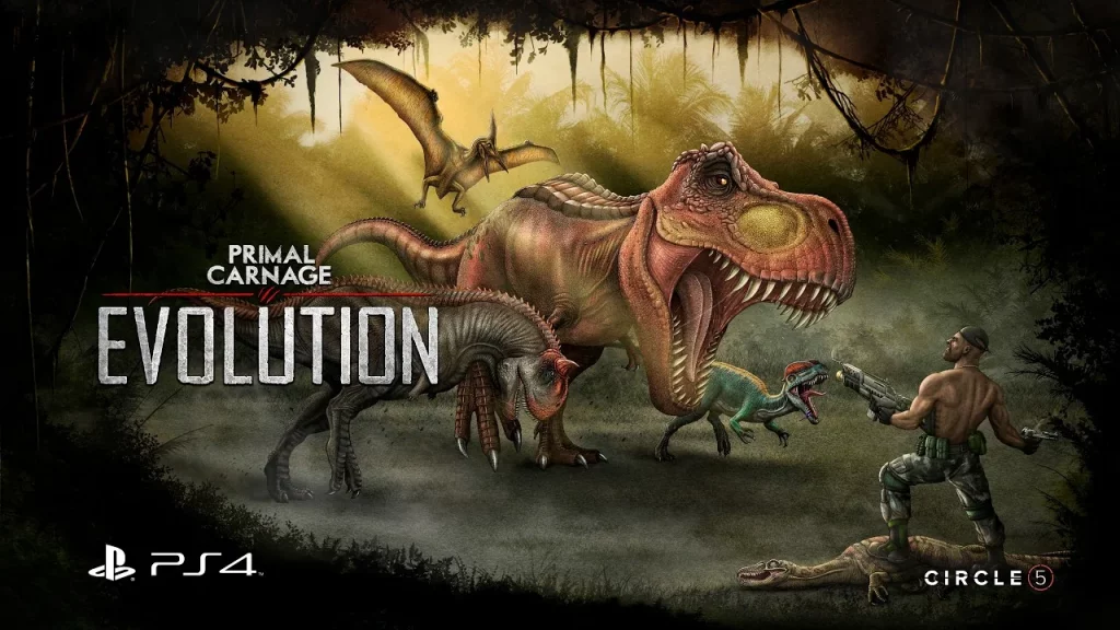 Affrontement dinosaure contre mercenaire dans Primal Carnage Evolution, sortie PlayStation 28 mai 2026