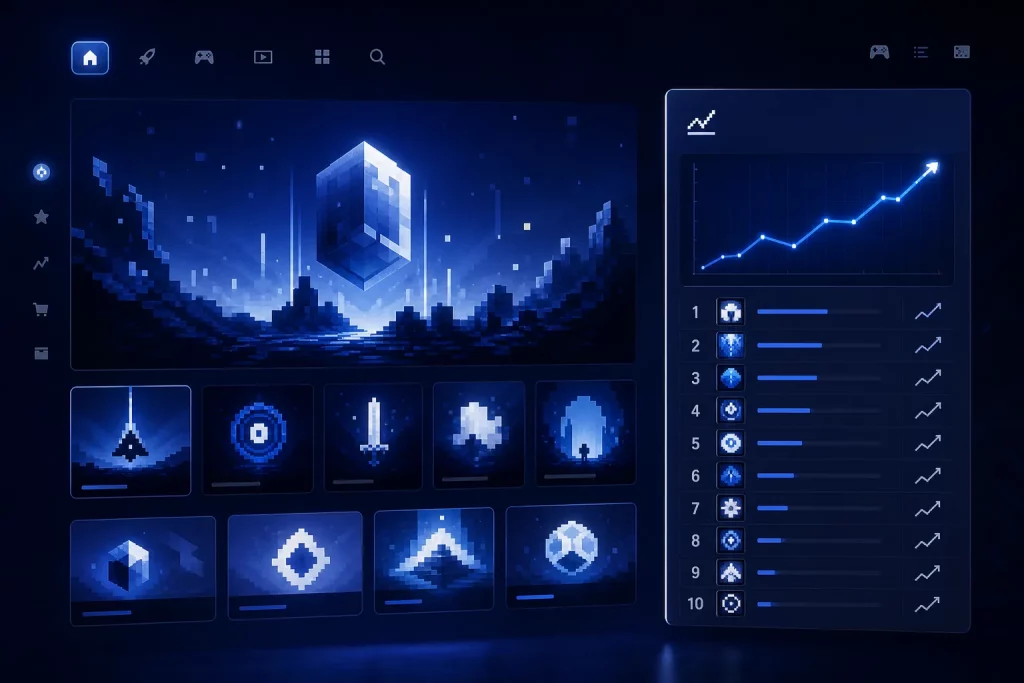 Illustration d'un écran d'accueil PS5 avec widget Top 10 des jeux les plus joués et tendances régionales en bêta