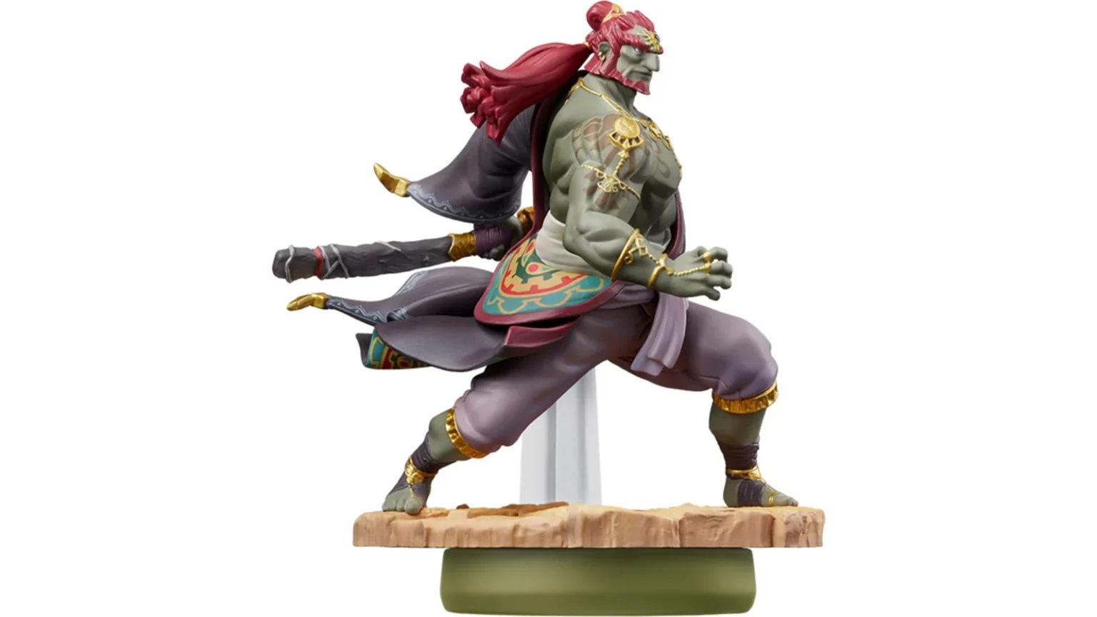 Figurines amiibo Ganondorf Tears of the Kingdom, pose dynamique cheveux roux et robe pourpre sur socle rocaille