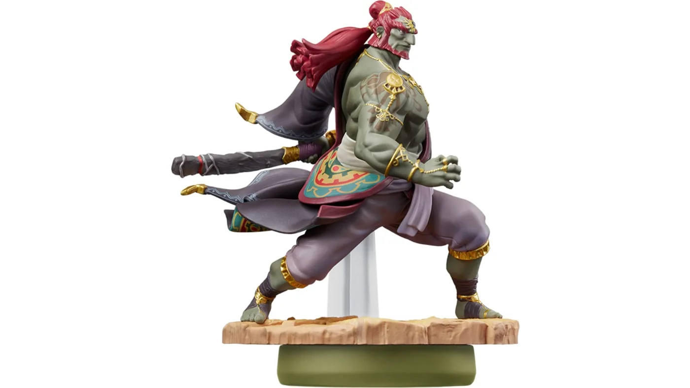 Figurines amiibo Ganondorf Tears of the Kingdom, pose dynamique cheveux roux et robe pourpre sur socle rocaille