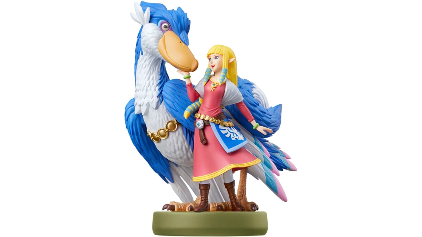 Figurines amiibo Zelda et Loftwing Skyward Sword HD, princesse blonde et oiseau bleu sur socle amiibo