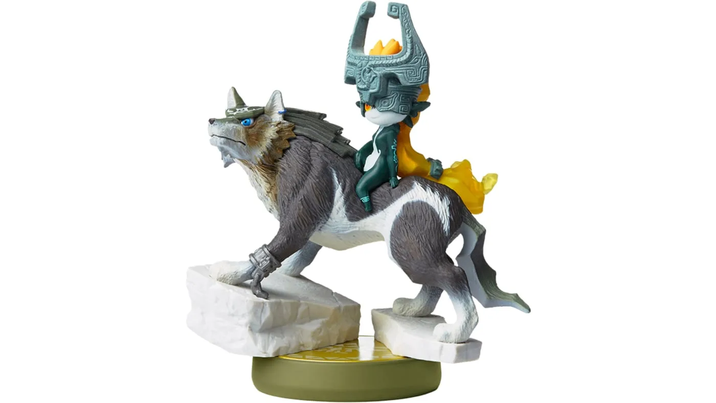 Figurines amiibo Wolf Link Twilight Princess, loup gris et Midna sur le dos, socle amiibo vert
