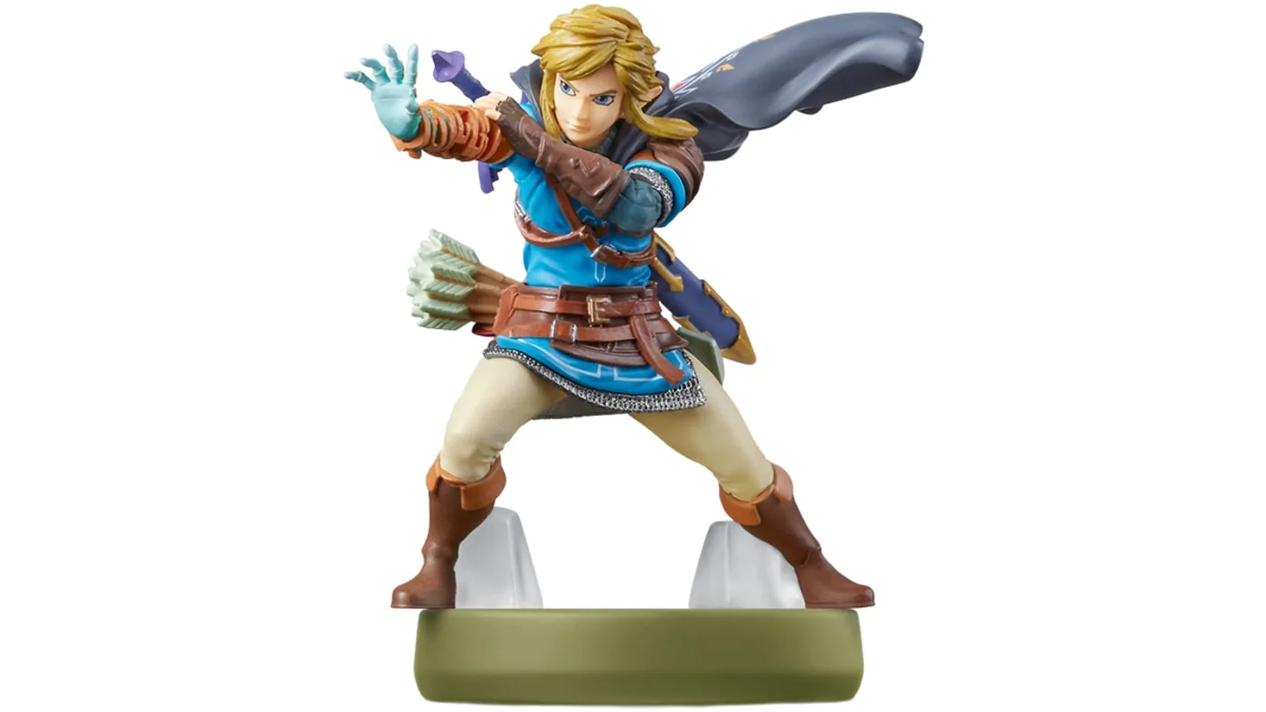 Figurines amiibo Link Tears of the Kingdom, tenue des champions et épée, pose dynamique sur socle amiibo