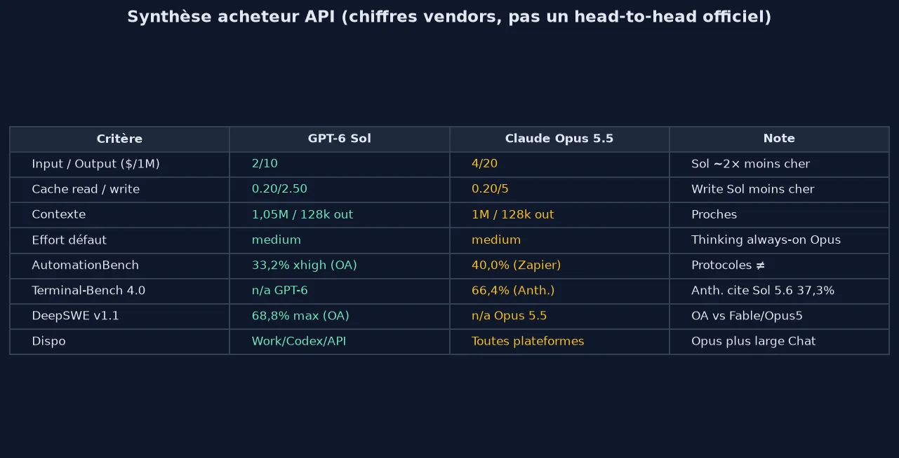 Tableau synthèse GPT-6 Sol vs Claude Opus 5.5 : prix, contexte, benches et disponibilité