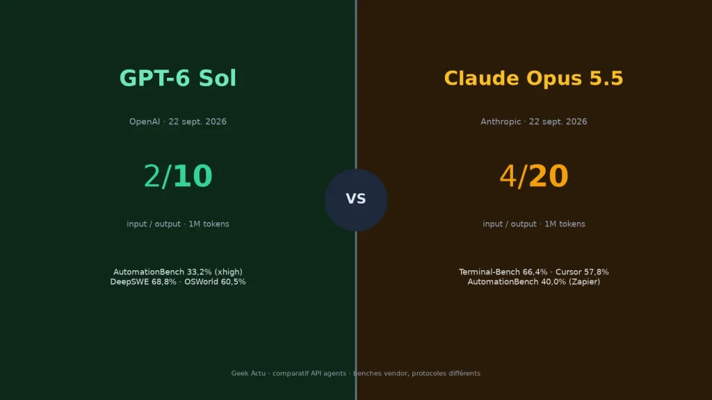 Comparatif GPT-6 Sol à 2 dollars face à Claude Opus 5.5 à 4 dollars, illustration Geek Actu
