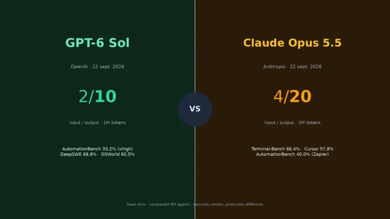 Comparatif GPT-6 Sol à 2 dollars face à Claude Opus 5.5 à 4 dollars, illustration Geek Actu