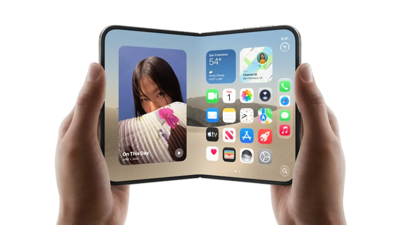 iPhone Duo d’Apple partiellement ouvert, montrant l’écran intérieur Retina et le châssis titane.