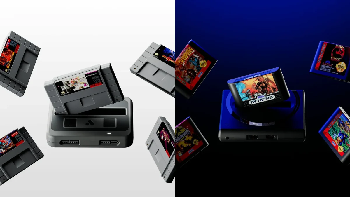Les consoles FPGA Analogue Super Nt+ et Mega Sg+ entourées de cartouches Super Nintendo et Mega Drive
