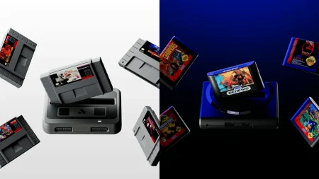 Les consoles FPGA Analogue Super Nt+ et Mega Sg+ entourées de cartouches Super Nintendo et Mega Drive