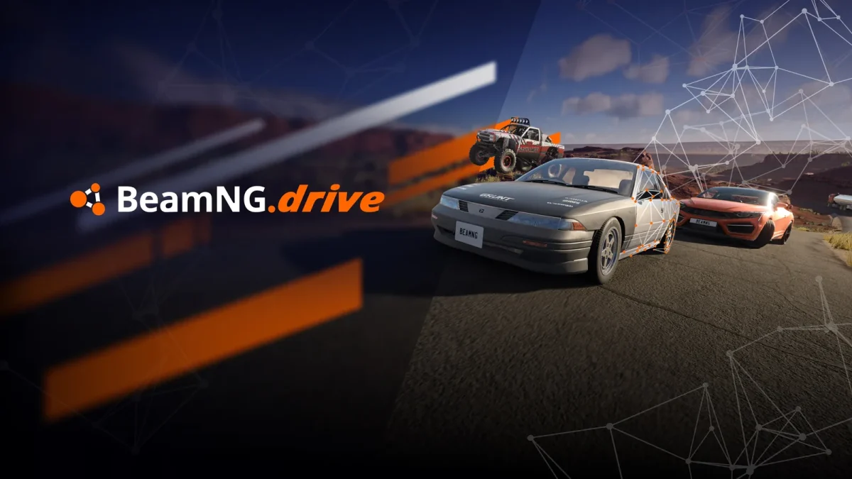 Visuel officiel de BeamNG.drive : logo du jeu et voitures sur une route désertique