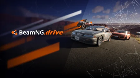Visuel officiel de BeamNG.drive : logo du jeu et voitures sur une route désertique