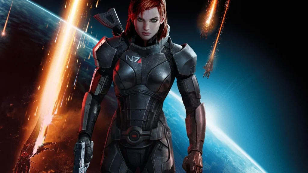 Visuel officiel de Mass Effect 3 montrant le commandant Shepard en armure N7 devant une planète en flammes