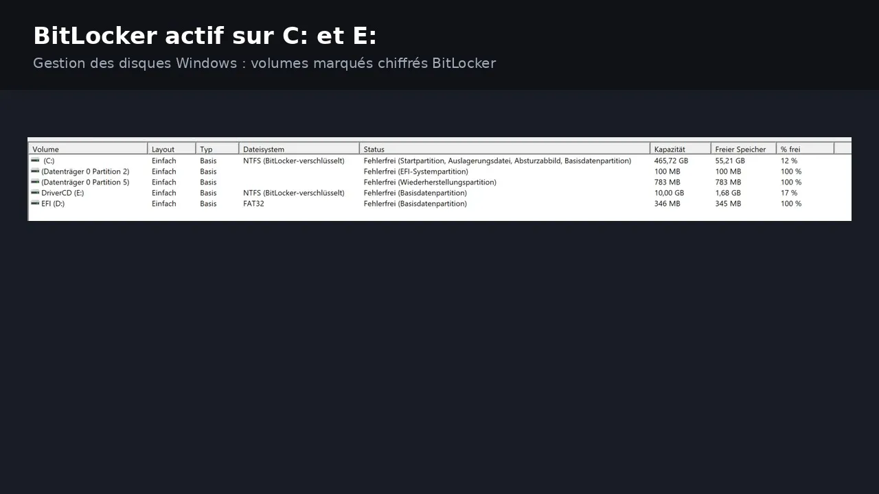 Capture Gestion des disques Windows : volumes C: et E: marqués chiffrés BitLocker