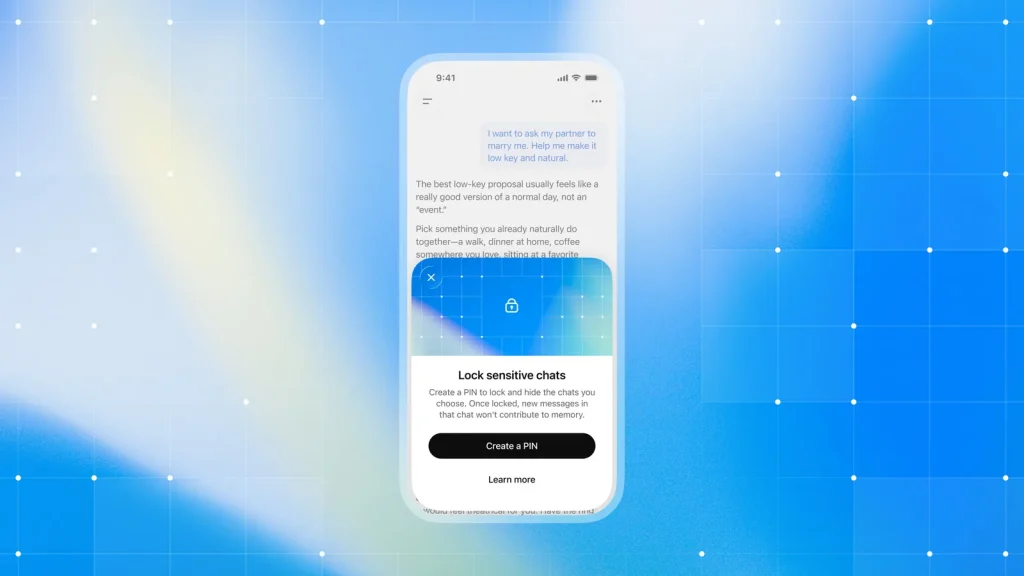 Capture officielle d’OpenAI montrant une conversation ChatGPT sur smartphone avec la fenêtre Lock sensitive chats et le bouton Create a PIN
