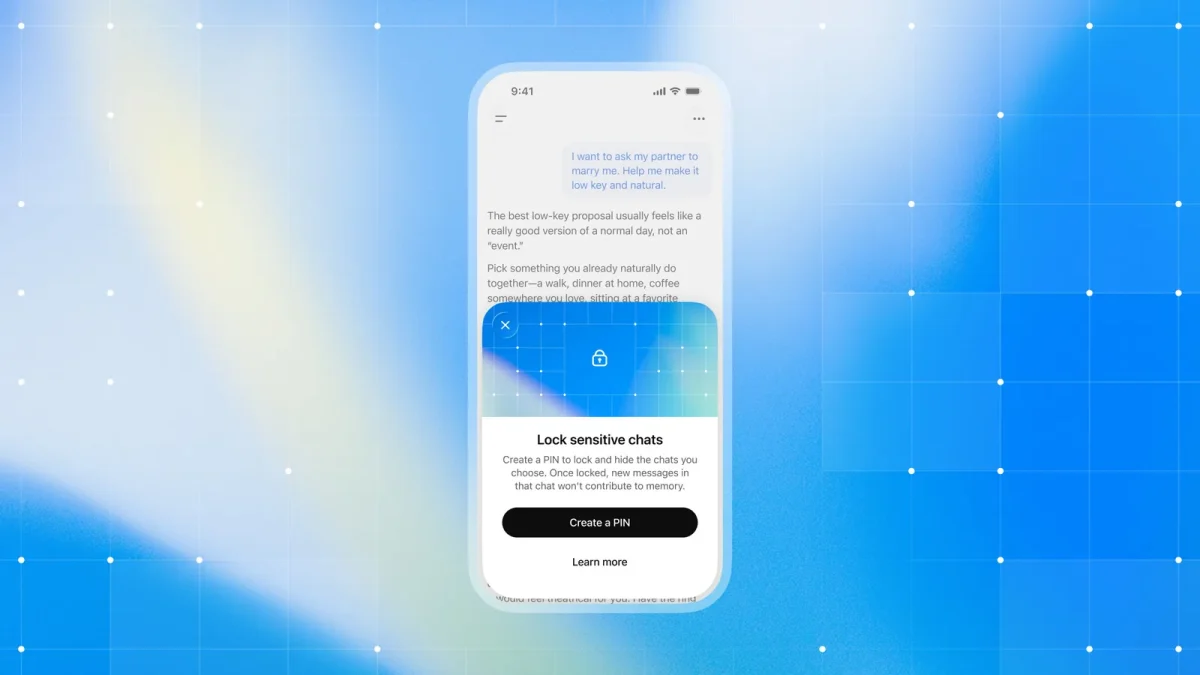 Capture officielle d’OpenAI montrant une conversation ChatGPT sur smartphone avec la fenêtre Lock sensitive chats et le bouton Create a PIN