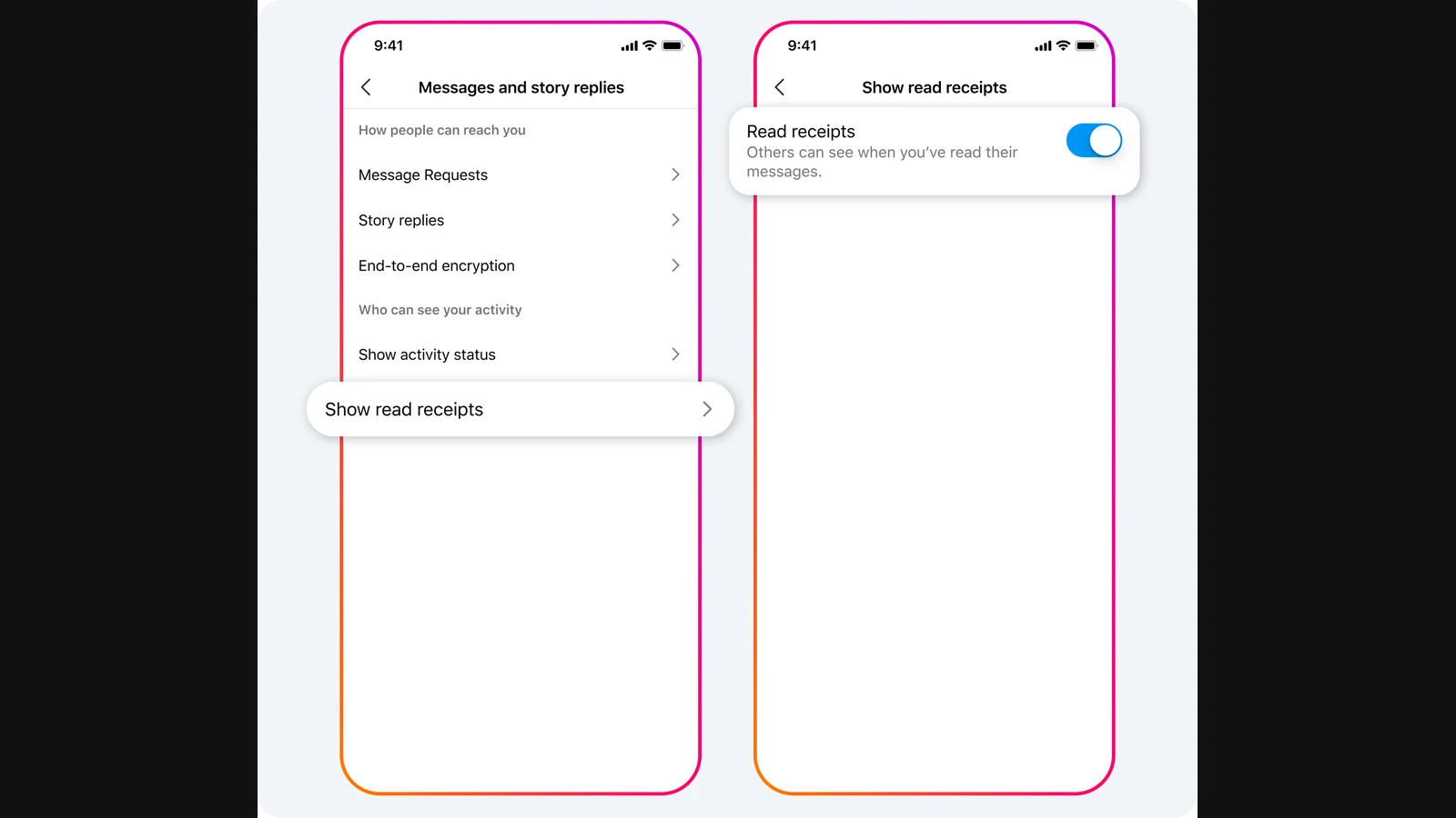 Capture d’écran Instagram : réglage Afficher les confirmations de lecture (read receipts)