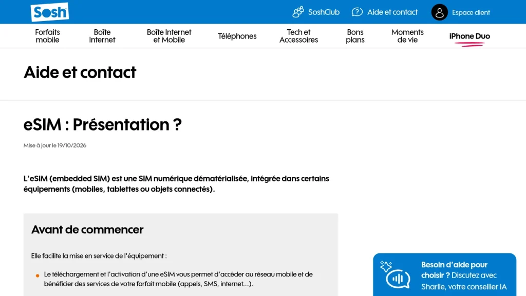 Capture de la page d’assistance Sosh présentant l’eSIM et ses conditions d’activation