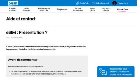 Capture de la page d’assistance Sosh présentant l’eSIM et ses conditions d’activation