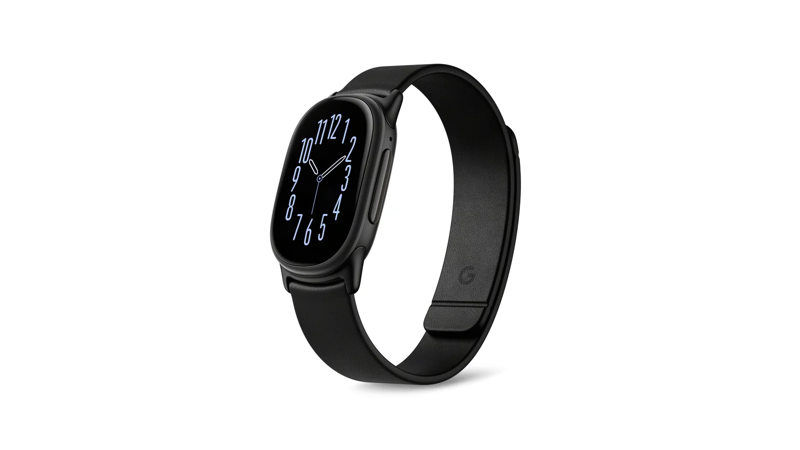 Le Fitbit Edge coloris Obsidian avec son bracelet magnétique noir, vu de trois quarts