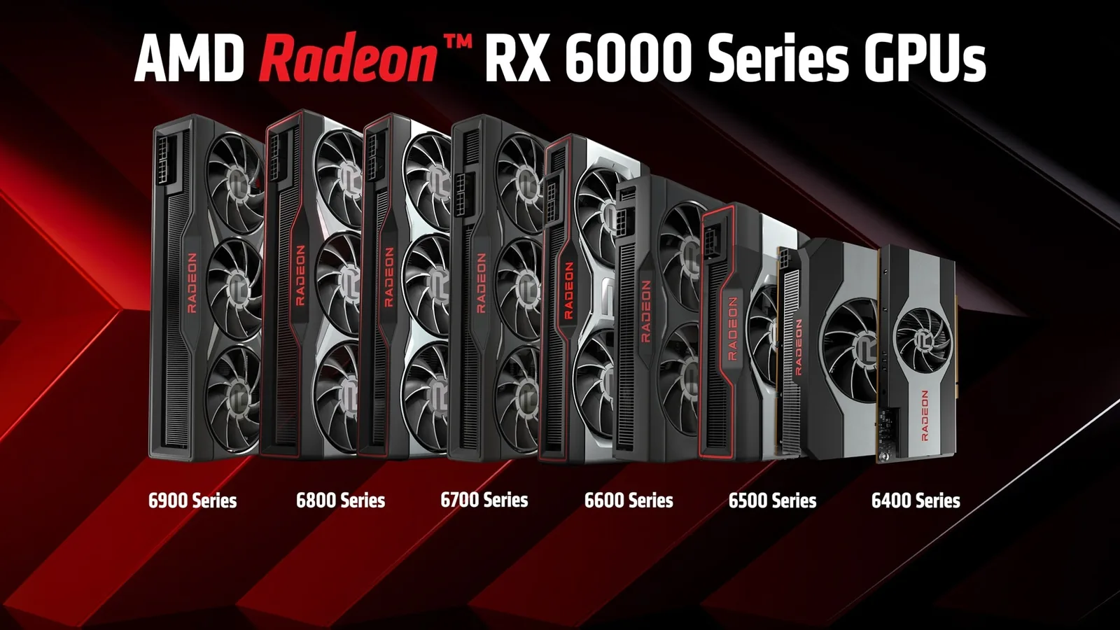 Visuel officiel d’AMD présentant la gamme de cartes graphiques Radeon RX 6000, des RX 6900 aux RX 6400