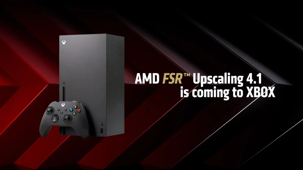 Visuel officiel d’AMD montrant une Xbox Series X et sa manette avec le message AMD FSR Upscaling 4.1 is coming to XBOX