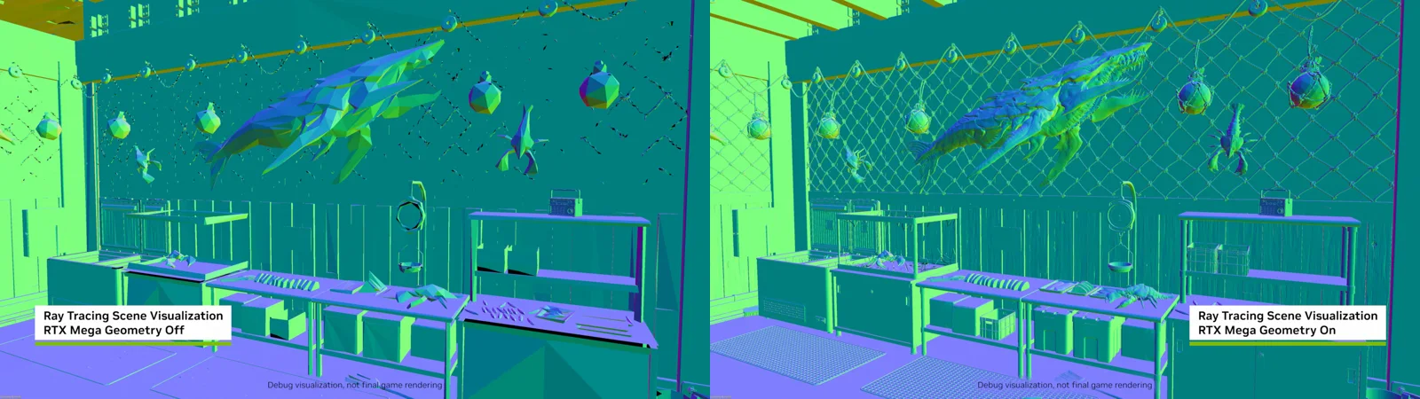 Comparaison de la géométrie utilisée pour le ray tracing dans Gears of War: E-Day, sans et avec RTX Mega Geometry