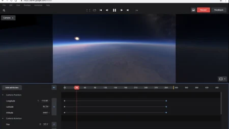 Interface de Google Earth Studio dans Chrome avec une vue de la Terre depuis l’espace et la timeline d’images clés