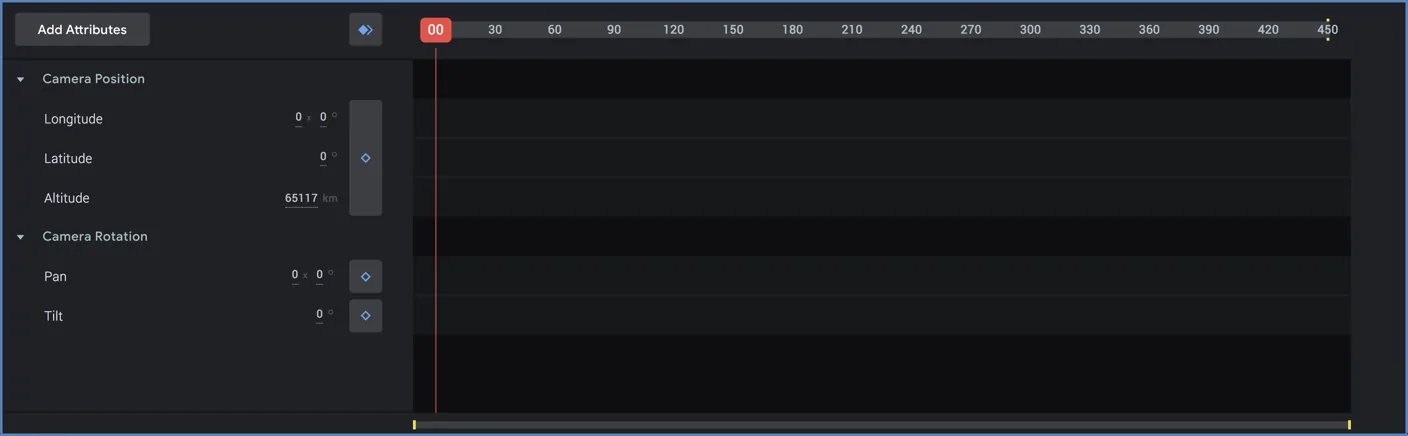 Éditeur de Google Earth Studio avec la liste des attributs de position et de rotation de la caméra et la timeline