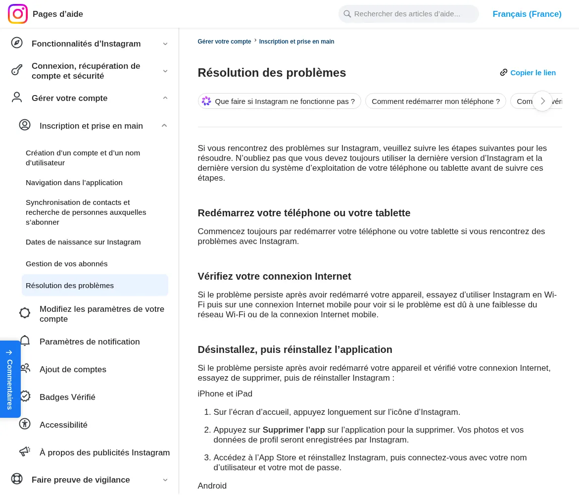 Page d’aide officielle Instagram « Résolution des problèmes » conseillant de redémarrer le téléphone, vérifier la connexion et réinstaller l’application