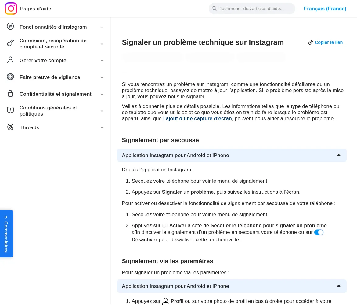 Page d’aide Instagram expliquant comment signaler un problème technique en secouant le téléphone ou via les paramètres
