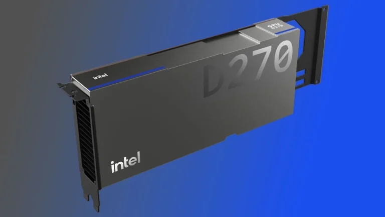 La carte accélératrice Intel GPU D270 de la gamme D-Series, format PCIe double slot, vue de trois quarts sur fond bleu