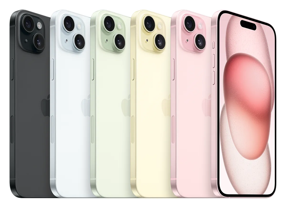 Gamme de coloris de l’iPhone 15 Plus, le plus grand modèle de la série avec 160,9 mm de haut
