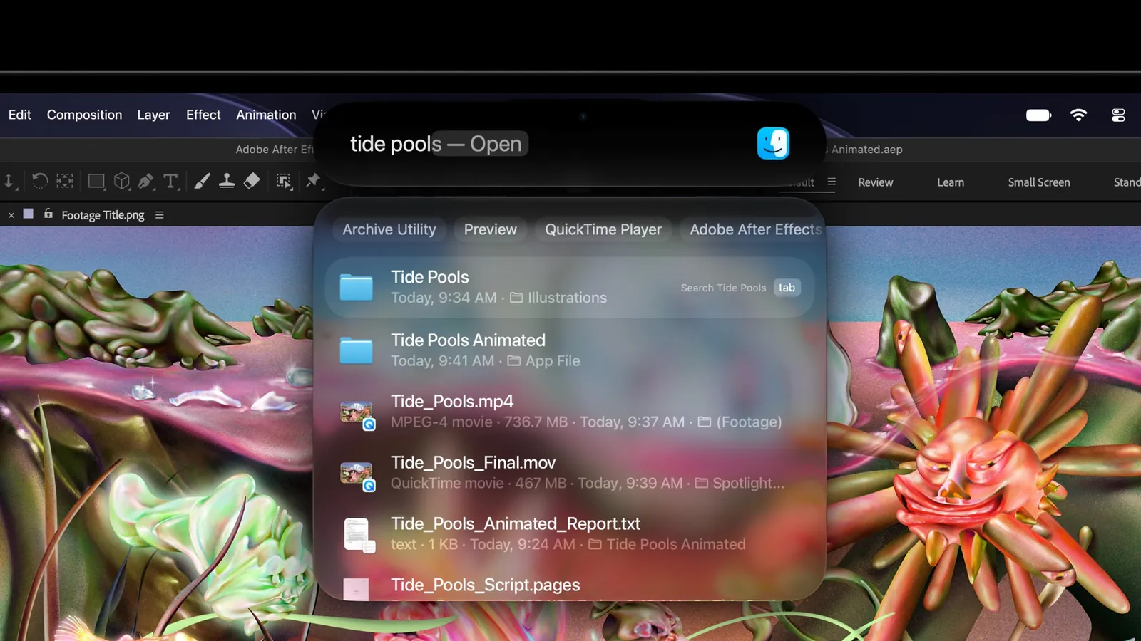 La Dynamic Island d’un MacBook Pro avec Écran PROLED XDR affiche une recherche Spotlight