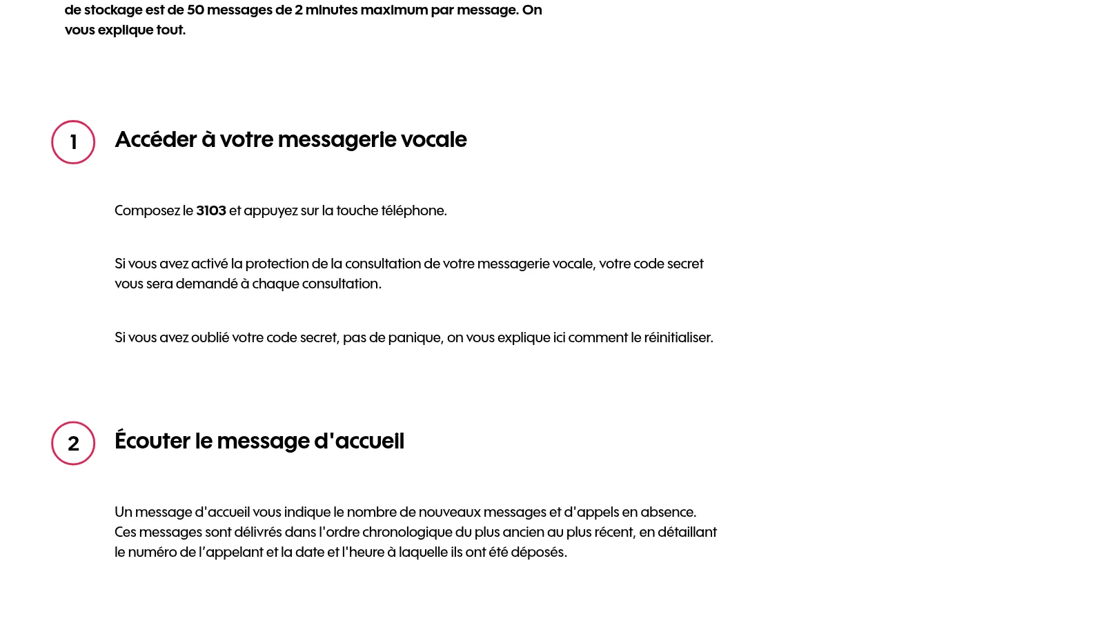 Capture de l’aide Sosh expliquant comment consulter la messagerie vocale de la ligne fixe au 3103