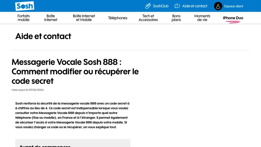 Capture de la page d’aide Sosh consacrée à la messagerie vocale 888 et à son code secret