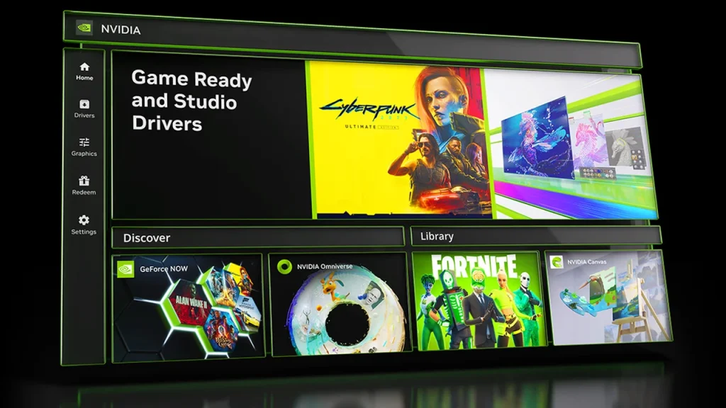 Interface de la NVIDIA App avec pilotes Game Ready, bibliothèque de jeux et GeForce NOW
