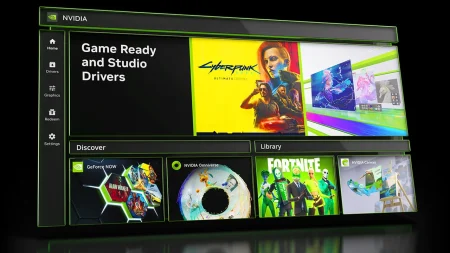Interface de la NVIDIA App avec pilotes Game Ready, bibliothèque de jeux et GeForce NOW