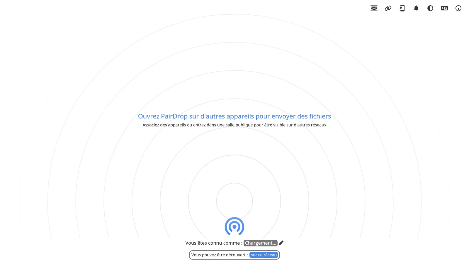 Page d’accueil de pairdrop.net en français invitant à ouvrir PairDrop sur d’autres appareils pour envoyer des fichiers