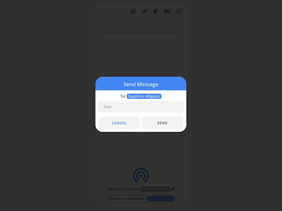 PairDrop sur smartphone avec la fenêtre d’envoi d’un message texte à un autre appareil
