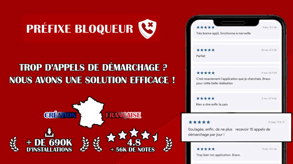 Visuel officiel de l’application Préfixe Bloqueur sur Google Play montrant le journal des appels bloqués