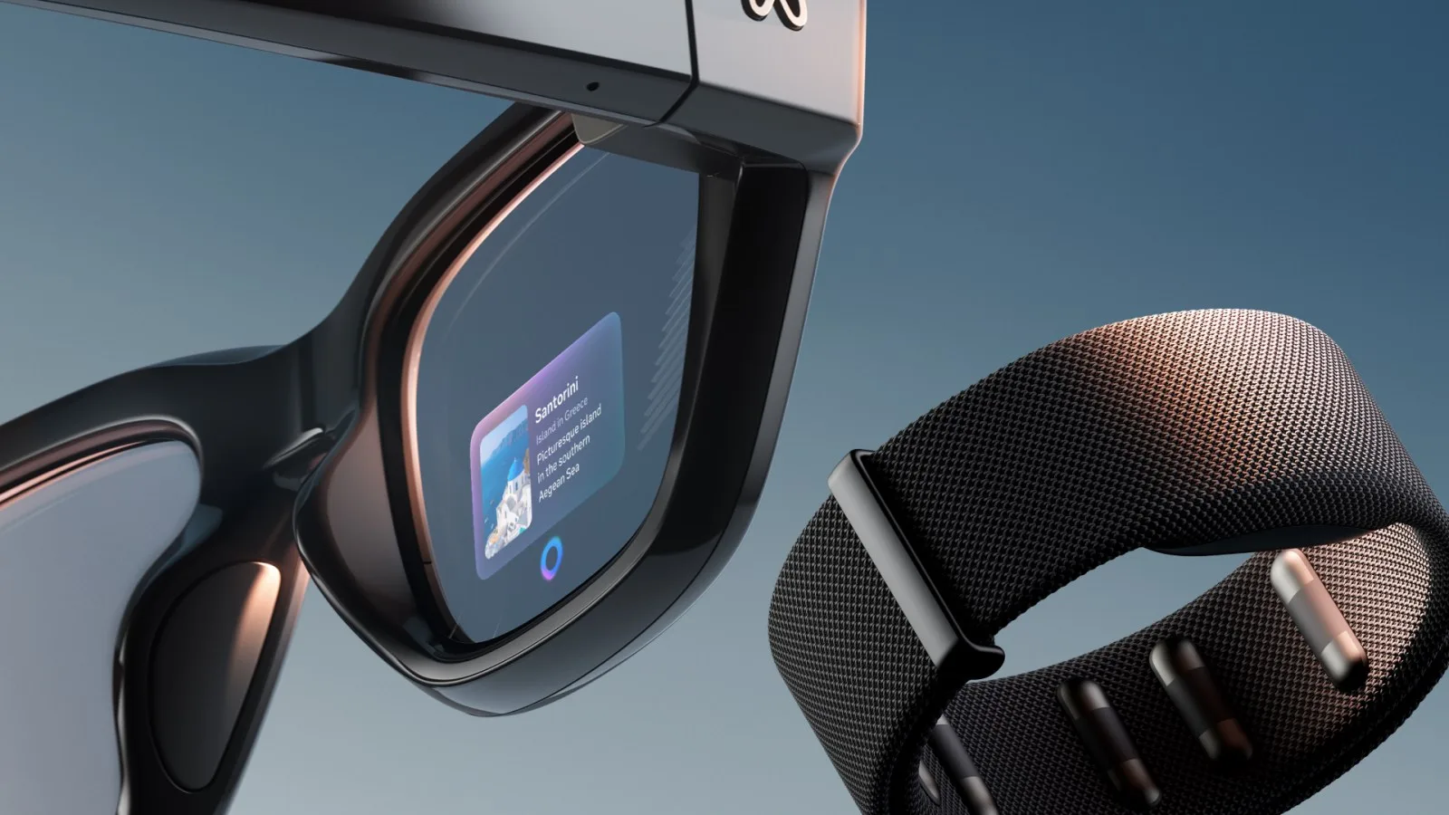 Gros plan sur l'écran intégré au verre droit des Meta Ray-Ban Display, avec le bracelet Meta Neural Band