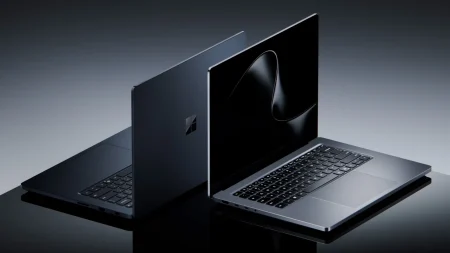 Deux Surface Laptop Ultra, coloris Platinum et Nightfall, ouverts côte à côte sur fond noir
