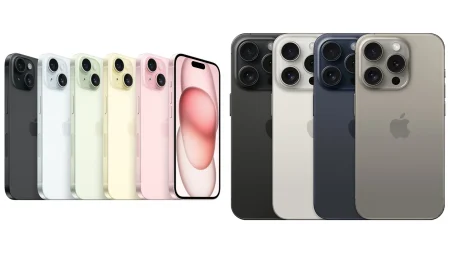 L’iPhone 15 dans ses cinq coloris à côté de l’iPhone 15 Pro en titane, visuels officiels Apple
