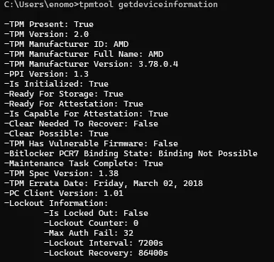 Résultat de la commande tpmtool getdeviceinformation sous Windows 11 indiquant TPM Present True et TPM Version 2.0