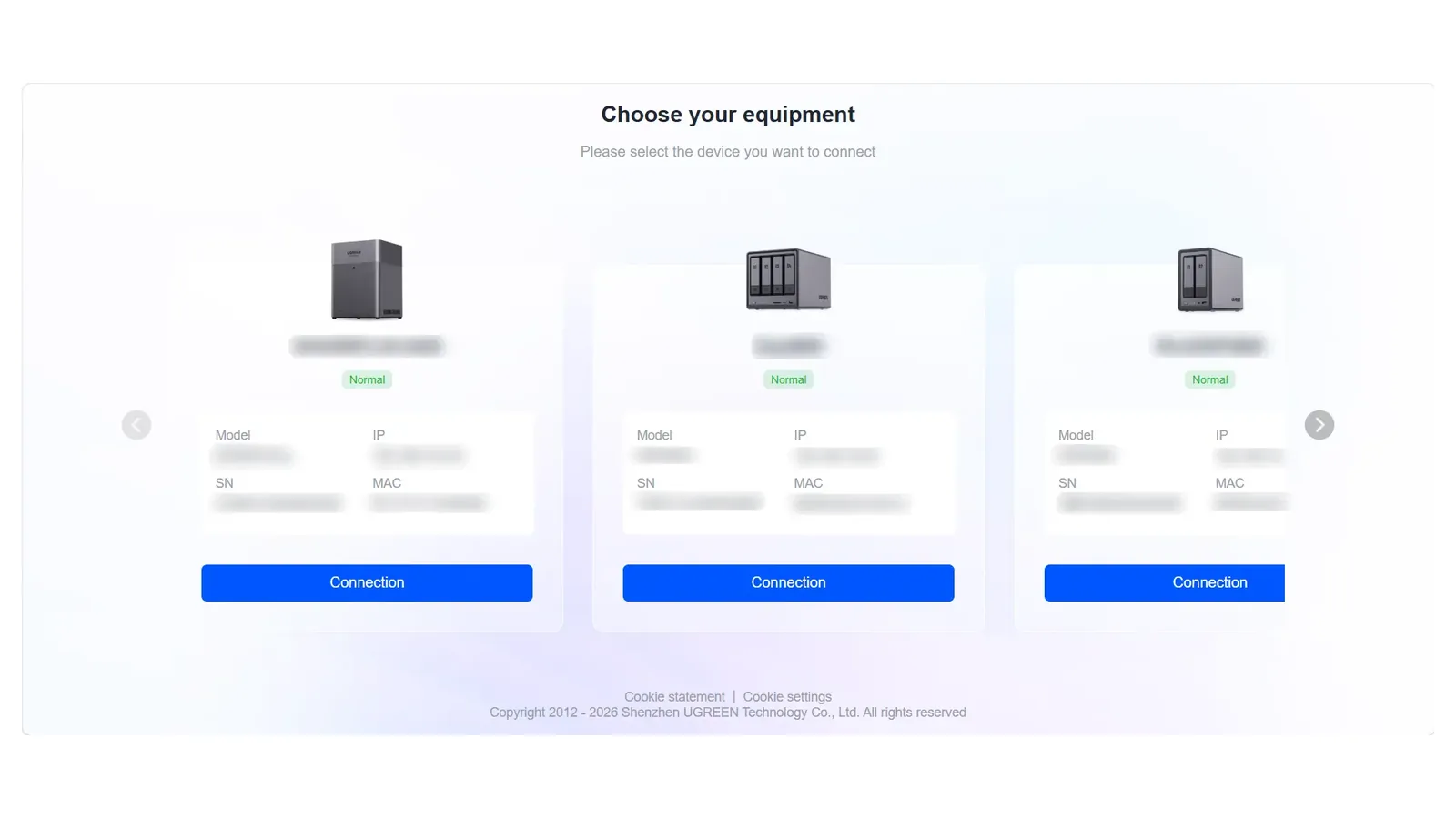 Page find.ugnas.com listant les NAS Ugreen détectés sur le réseau local avec un bouton de connexion